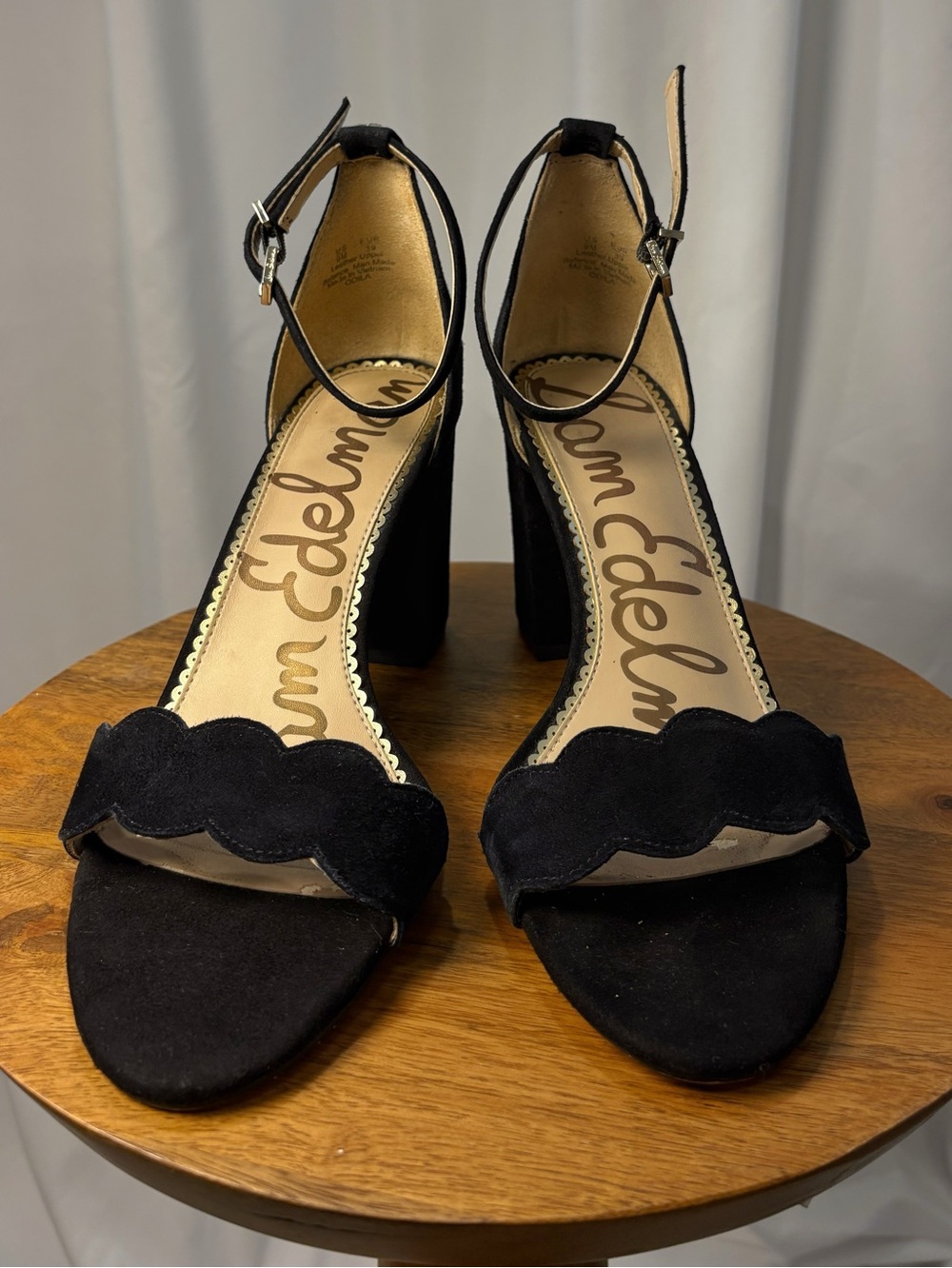 Sam Edelman Odila Black Suede Scalloped Ankle Strap Block Heels Size 9